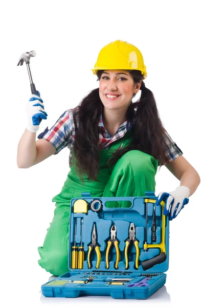 Female workman in green overalls isolated on white — Stock Photo, Image