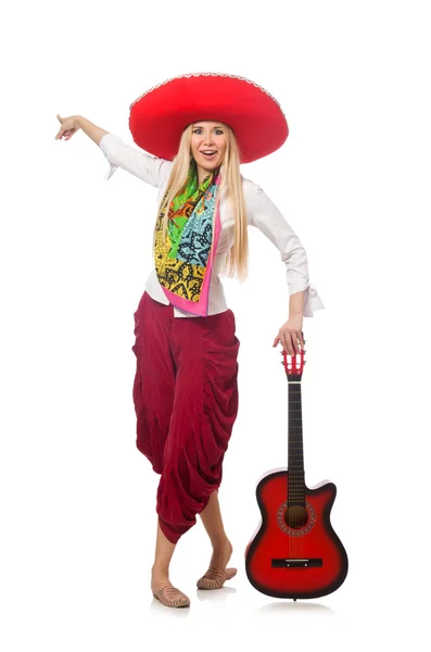 Woman wearing guitar with sombrero — Stock Photo, Image