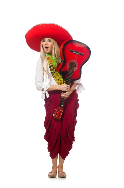 Vrouw met gitaar en sombrero — Stockfoto