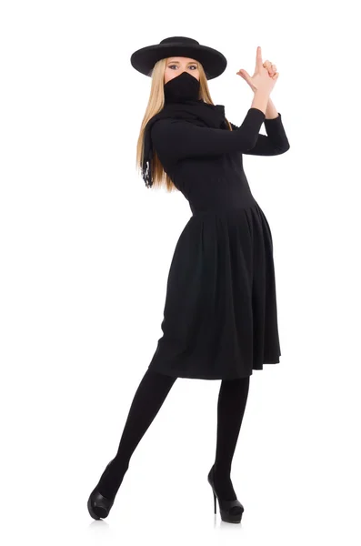 Frau im langen schwarzen Kleid isoliert auf weißem Grund — Stockfoto