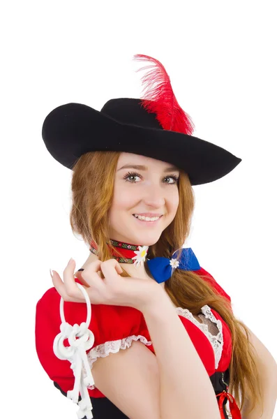 Pretty girl in bavarian dress isolated on white — Stock Photo, Image