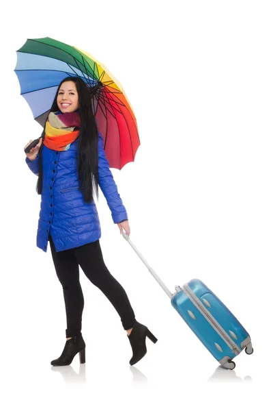 Όμορφο κορίτσι με τη βαλίτσα και ομπρέλα — Φωτογραφία Αρχείου