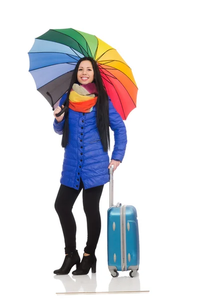 Dziewczyna z walizką i parasol — Zdjęcie stockowe