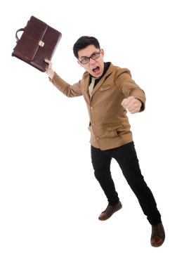 Kahverengi çantalı genç adam beyaza izole edilmiş.