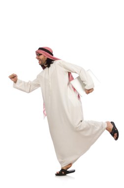 Arap adam beyaz izole dizüstü bilgisayar ile