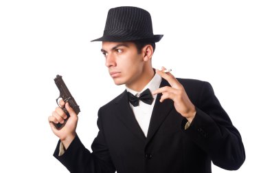 Zarif delikanlı üzerinde beyaz izole tabanca tutan