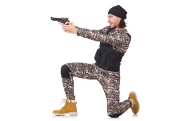 Beyaz izole tabanca ile beyaz asker