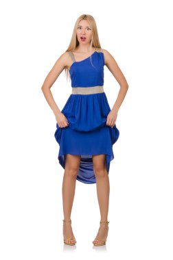 Uzun mavi elbiseli güzel kadın, beyaz tenli.