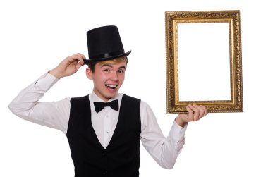 Fotoğraf çerçeveli adam beyaz üzerine izole