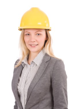 Kadın inşaat işçisi kask üzerinde beyaz izole ile