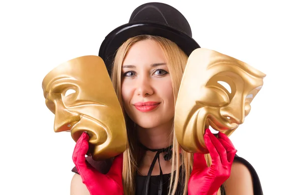 Mulher com máscaras de teatro isolado em branco — Fotografia de Stock