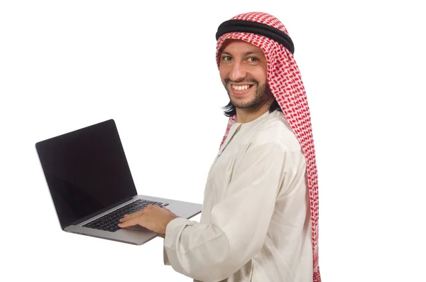 笔记本电脑上白色孤立的阿拉伯男人 — 图库照片