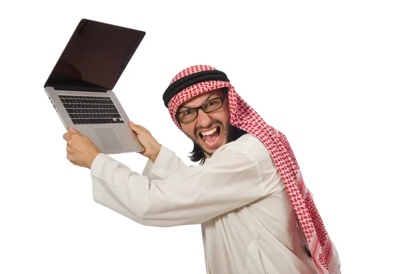 Arabische man met laptop geïsoleerd op wit — Stockfoto