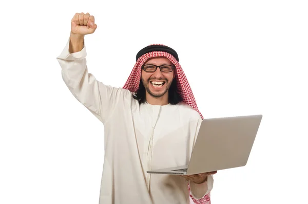 Arab muž s notebookem izolovaných na bílém — Stock fotografie