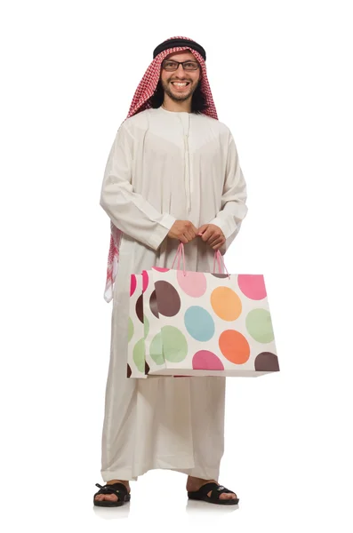 Arab man with shopping bags on white — Stock Photo, Image