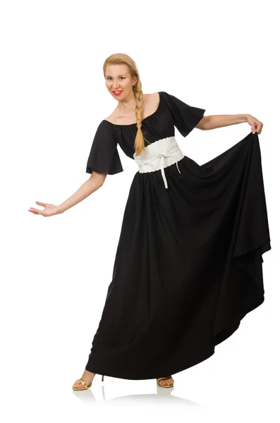 Donna alta in abito lungo nero isolato su bianco — Foto Stock