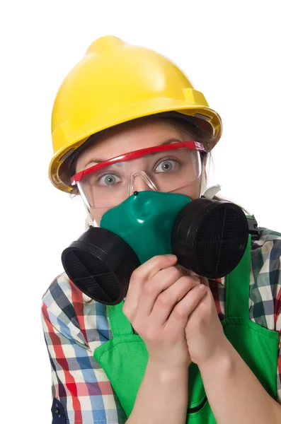 Vrouwelijke werknemer dragen coverall en gas masker geïsoleerd op wit — Stockfoto