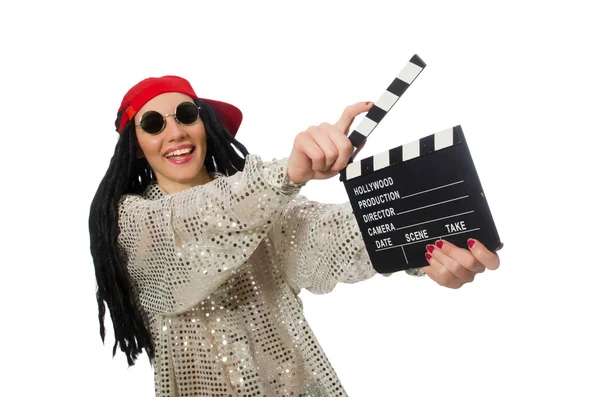 Girl with dreadlocks holding clapperboard isolated on white — Stock Photo, Image
