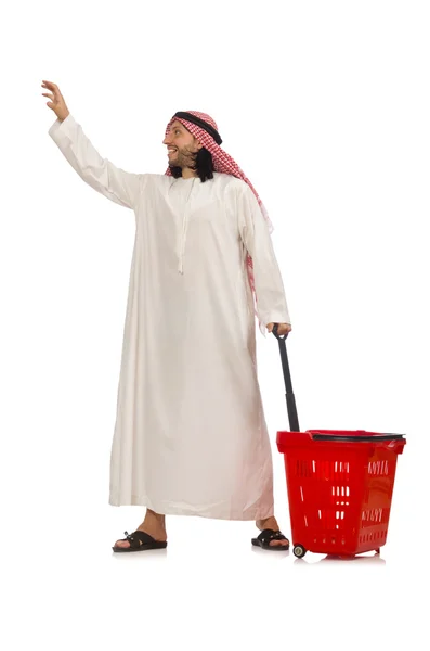 Homem árabe fazendo compras isolado no branco — Fotografia de Stock