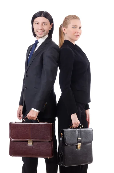 Businessman and businesswoman with briefcases isolated on white — Stock Photo, Image