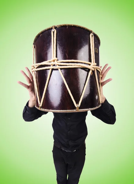 Hombre divertido con tambor en blanco — Foto de Stock