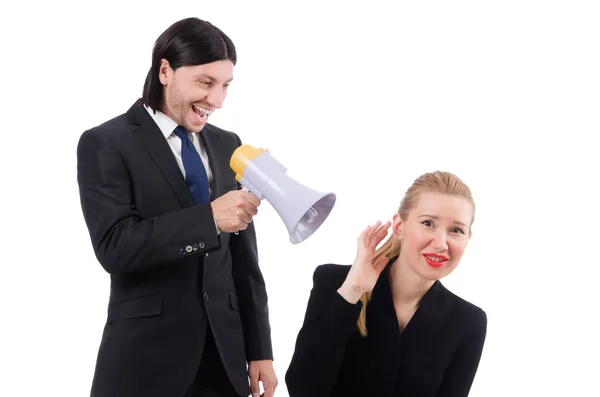 Uomo d'affari e donna d'affari con megafono isolato su bianco — Foto Stock