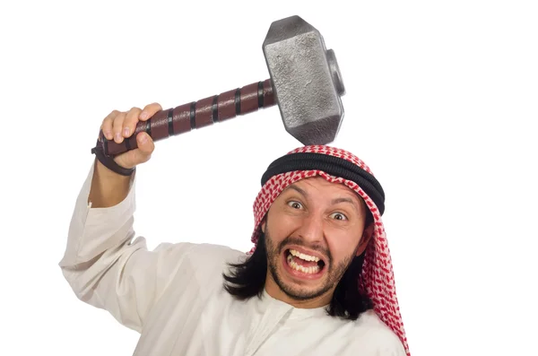 Angry arab man with hammer isolated on white — Stock Photo, Image