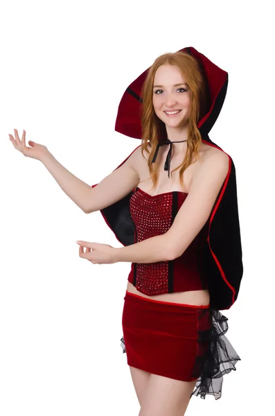 Pretty lady in velvet bordo dress with cap isolated on white — Stock Photo, Image