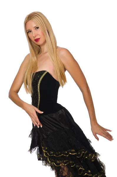 Blond hair girl in black evening dress isolated on white — Stock Photo, Image