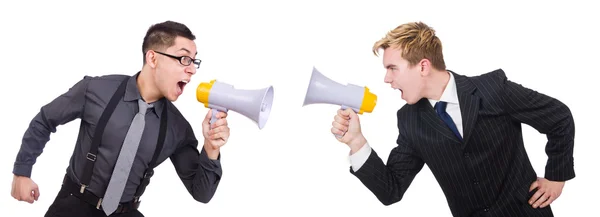 Two employees speaking through loudspeakers isolated on white — Stock Photo, Image