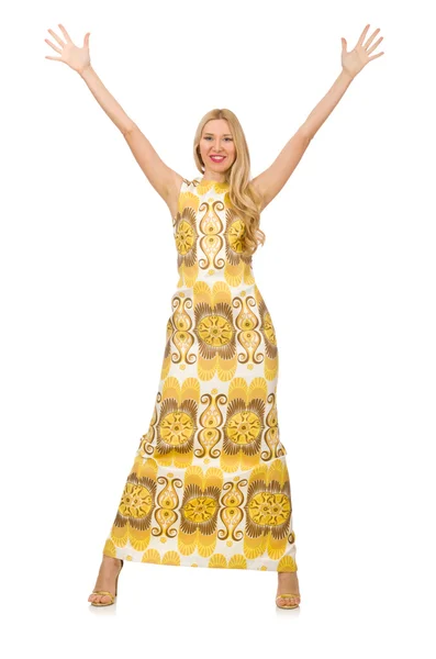 노란색 꽃 무늬 옷을 입은 예쁜 소녀가 흰색으로 외따로 떨어져 있다 — 스톡 사진