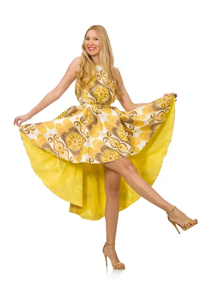 Señora en encantador vestido amarillo aislado en blanco — Foto de Stock