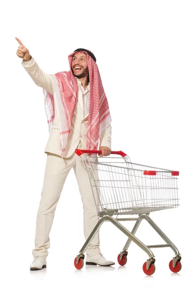 Hombre árabe haciendo compras aislado en blanco — Foto de Stock