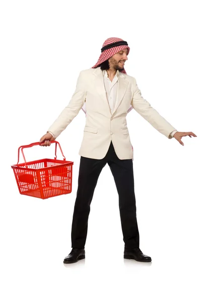 Hombre árabe haciendo compras aislado en blanco — Foto de Stock