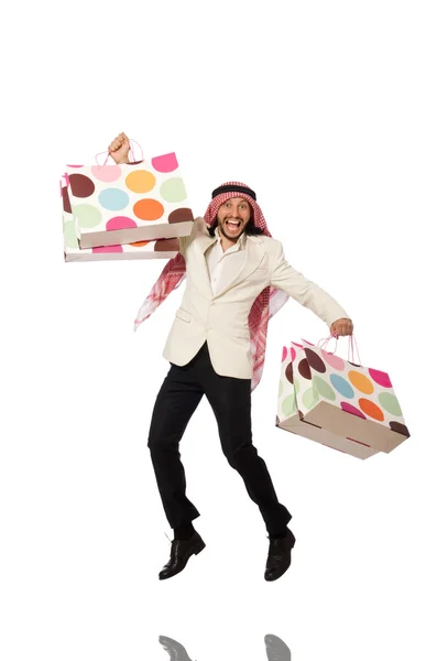 Arab man with shopping bags on white — Stock Photo, Image