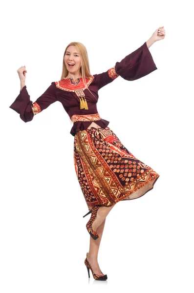 Frau in Kleid mit orientalischen Prints isoliert auf weiß — Stockfoto