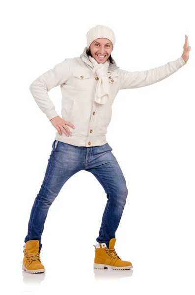 Young man in winter clothes on white — Stock Photo, Image