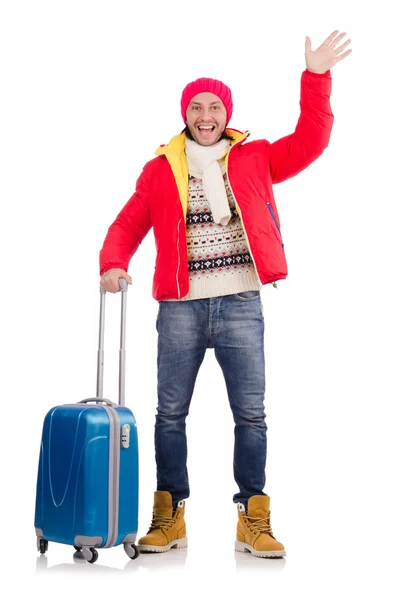 Tourist holding suitcase on white — Stock Photo, Image