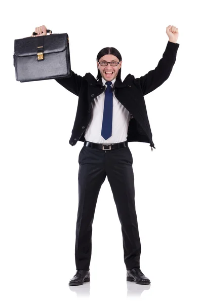 Young businessman holding briefcase isolated on white — Stock Photo, Image