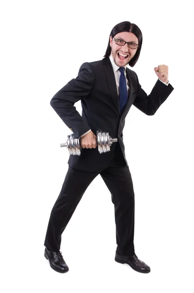 Jovem empresário segurando barbell isolado em branco — Fotografia de Stock