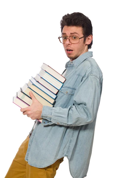 Student mit Büchern auf Weiß — Stockfoto