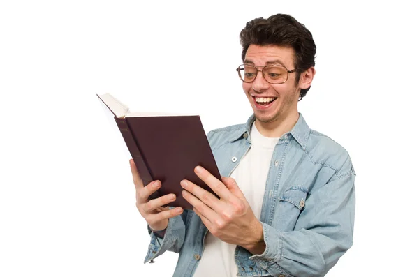Öğrenci üzerinde beyaz izole kitap ile — Stok fotoğraf