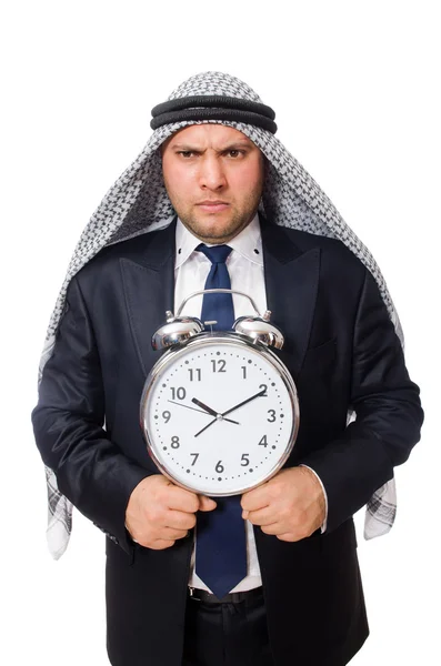 阿拉伯男子与时钟隔离在白色之上 — 图库照片