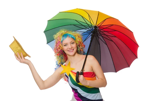 Frau mit buntem Regenschirm auf weißem Grund — Stockfoto