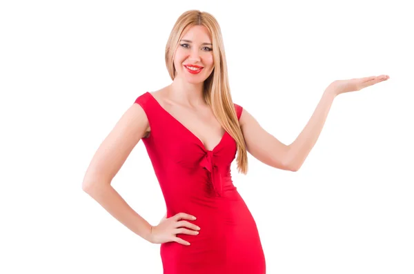 Loira em vestido vermelho isolado em branco — Fotografia de Stock