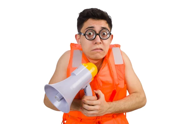 Funny man wearing vest with loudspeaker — Stock Photo, Image