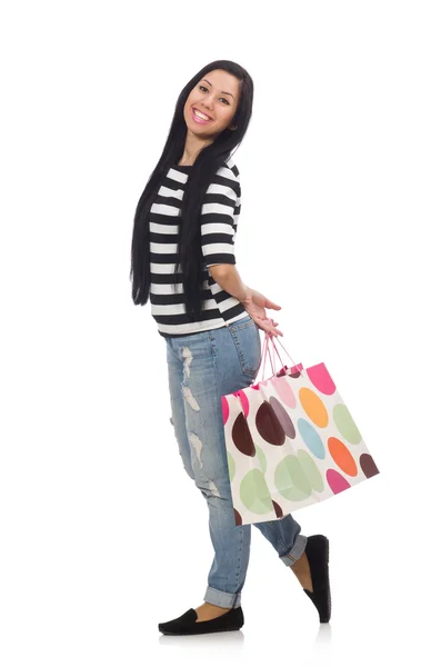Kvinna med shoppingväskor isolerade på vitt — Stockfoto