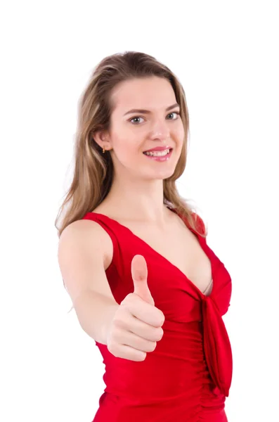 Young woman in red dress isolated on white — Stock Photo, Image