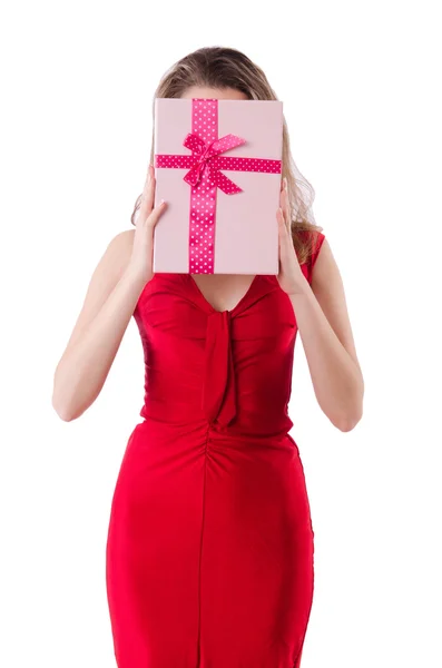 Pretty girl holding gift box isolated on white — Stock Photo, Image