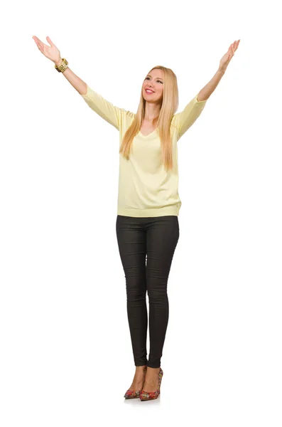 Pretty woman in yellow blouse isolated on white — Stock Photo, Image